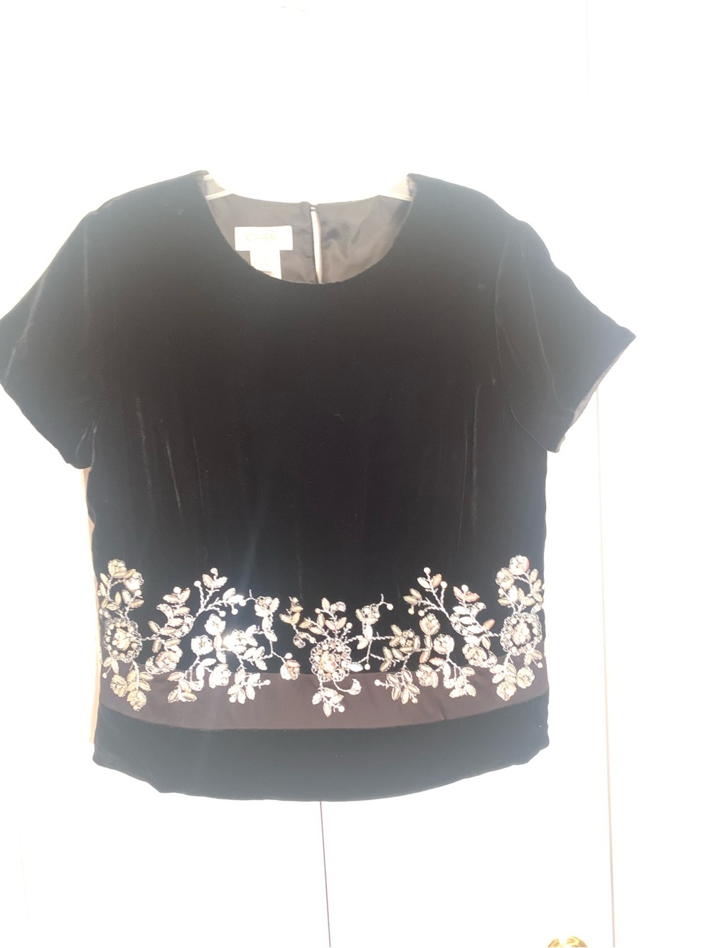 Talbots Velvet Short-Sleeve Blouse with Metallic Glittery Floral Embroidery